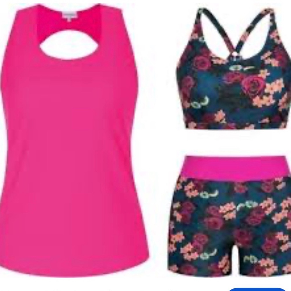Bright Pink Active Tank with Floral Sports Bra & Shorts Set